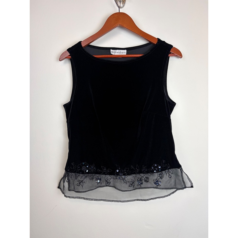 Dressbarn Tank Top 12 Black Velvet Sheer Mesh Floral Sequin Y2K Whimsigoth Fairy